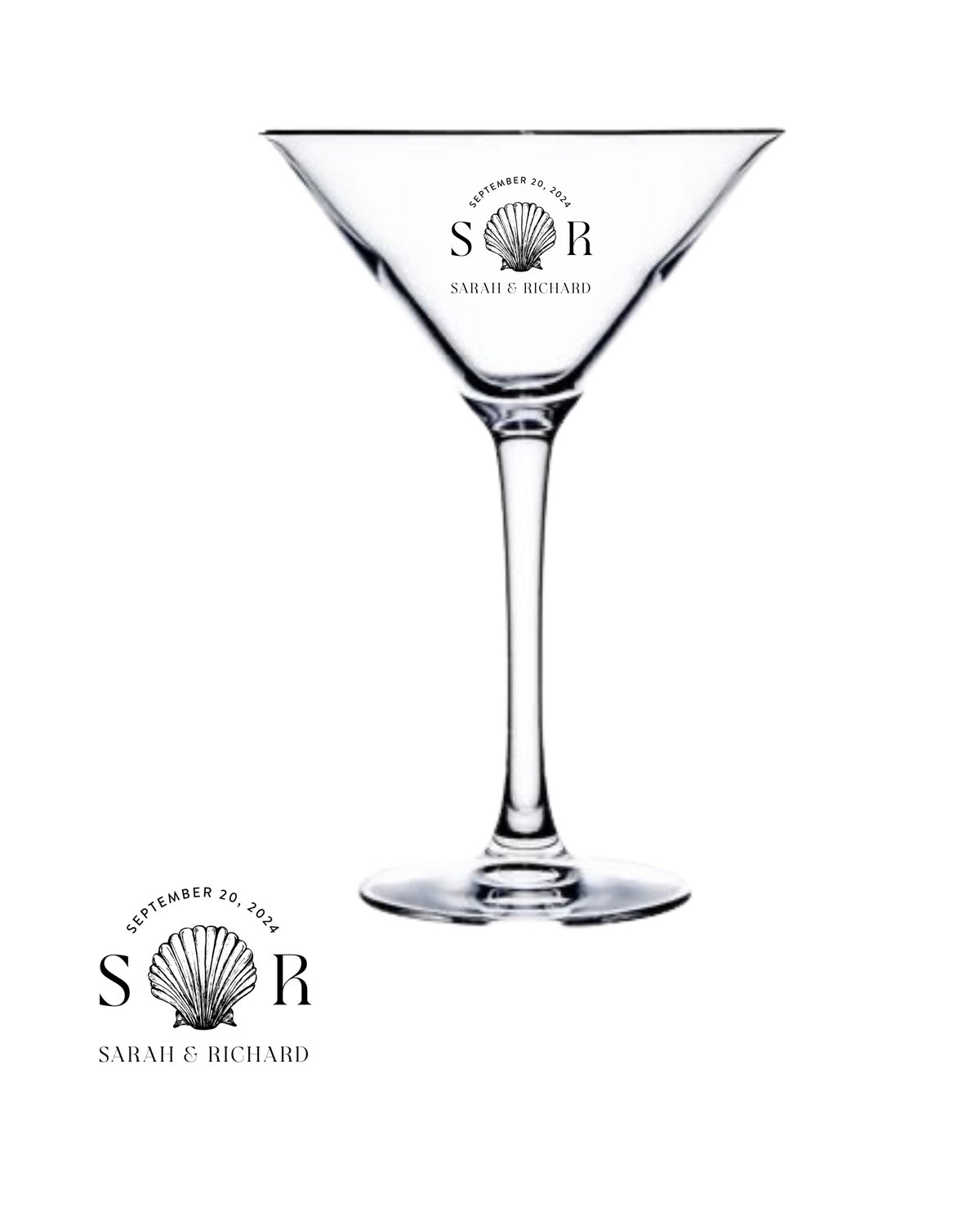 Empty martini glass with Sarah and Richard wedding monogram and shell logo design