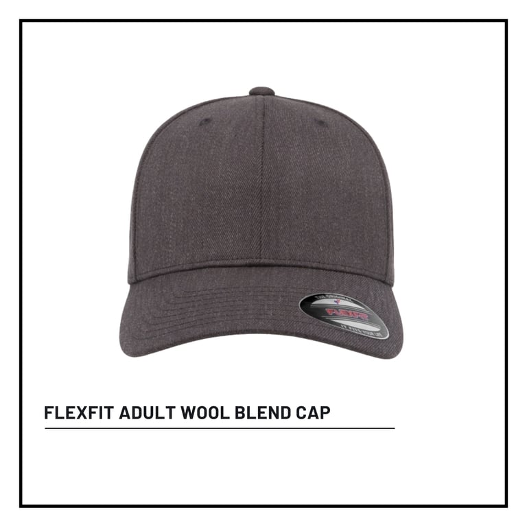 Dark gray Flexfit adult wool blend cap displayed against white background with product label below