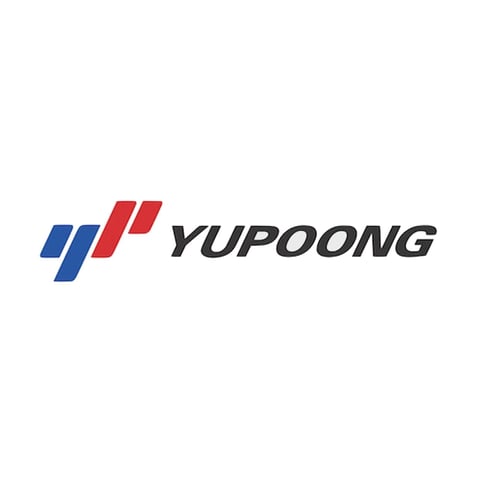 Yupoong logo featuring blue and red diagonal parallelograms with black text