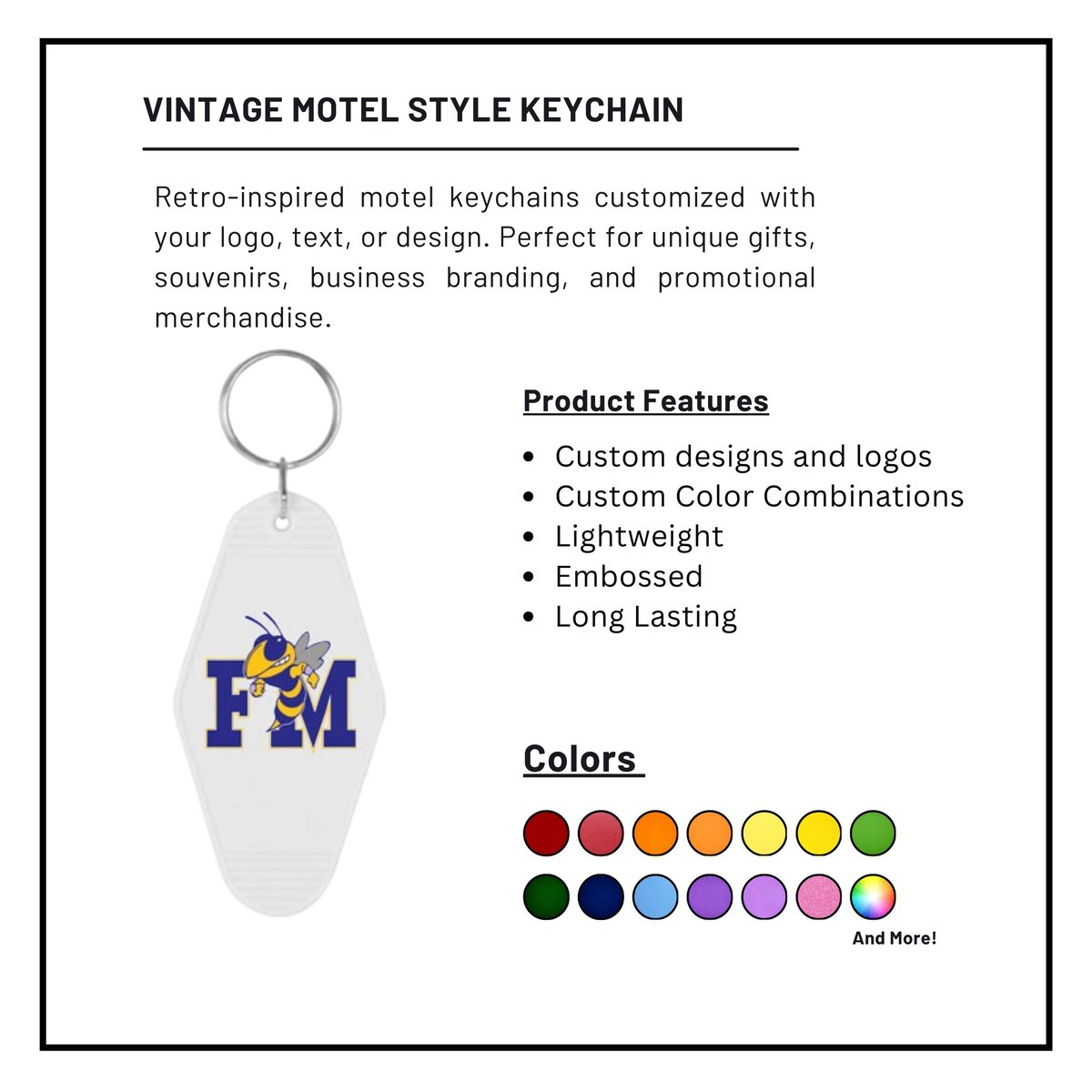 Vintage motel style keychain with FM logo in various colors, featuring custom designs and embossed details for promotional merchandise.