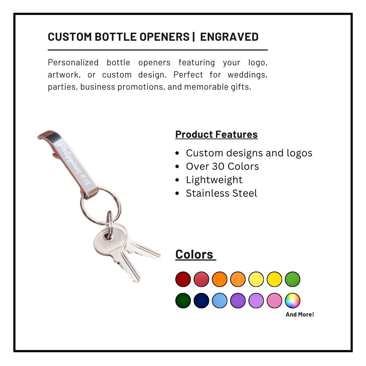 Custom engraved bottle opener with brown leather handle and stainless steel construction, shown with color options ranging from red to pink.
