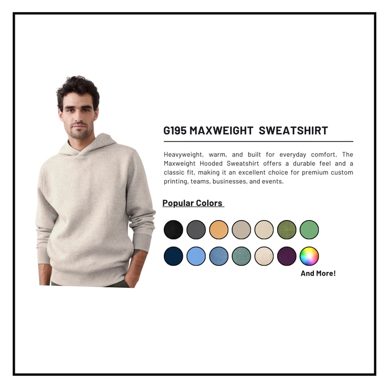 Man wearing beige G195 Maxweight Sweatshirt with product description and color swatch options displayed